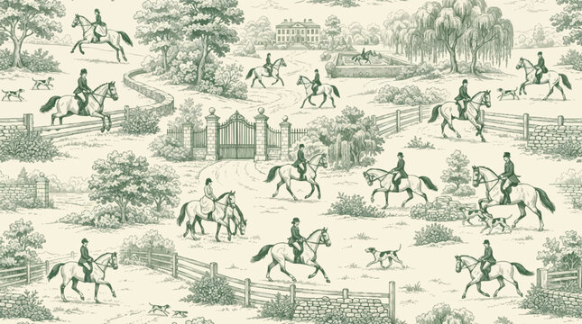 Classic Toile de Jouy wallpaper pattern featuring equestrian riders, hunting dogs, and countryside estates in green monochrome