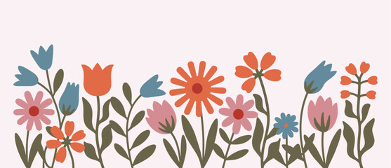 Flat vector illustration of a botanical garden border with stylized colorful wild flowers and green leaves arranged in a row © Velixar Design