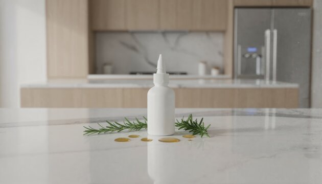 Professional culinary squeeze bottle on marble with fresh herbs and oil