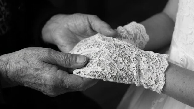 Sacred familial blessing: First Communion, lace glove, wrinkled palm, ritual bond, gentle caress, white dress, elder support, tender touch, faith tradition.