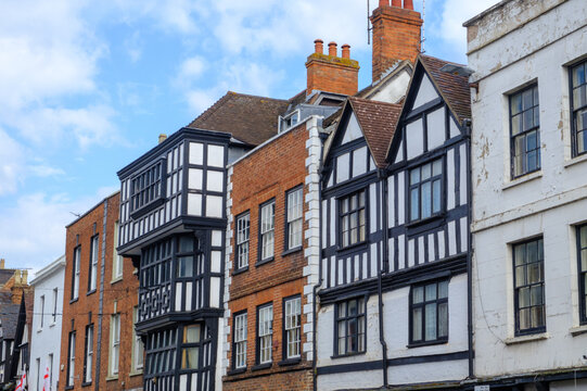Historic architecture lines the streets in the town of Tewkesbury, Gloucestershire, Severn Vale, UK