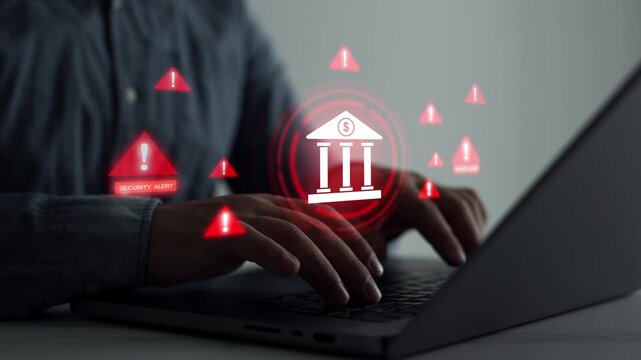 Digital banking security concept with warning alerts, bank and payment card symbols, fraud detection, phishing threats, scam prevention and protection of financial data online.