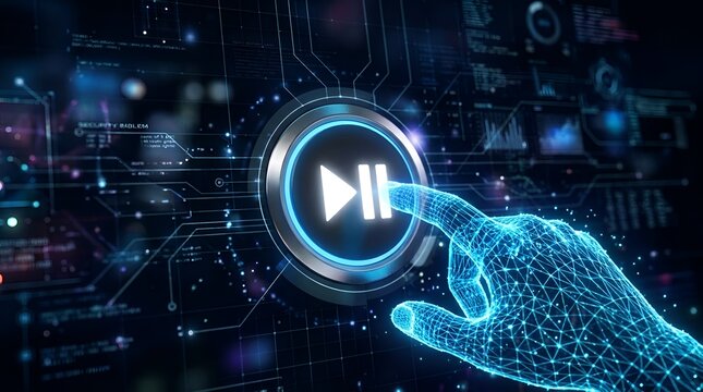 Futuristic digital interface with glowing virtual hand touching play pause button on abstract circuit background