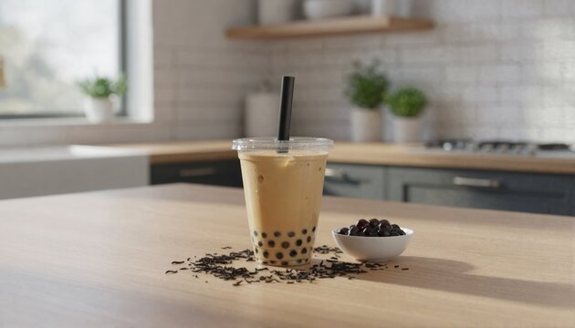 Refreshing milk tea with tapioca pearls on a sunlit wooden kitchen counter