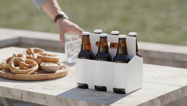 Refreshing six pack with a clean white label on a summer patio spread