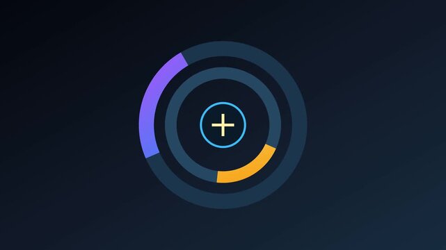 Circular futuristic interface with a central plus symbol and layered blue rings.