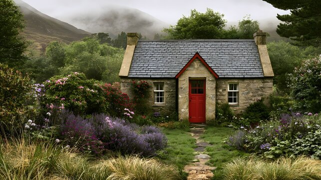 Stone cottage with red door and slate roof in misty highland garden