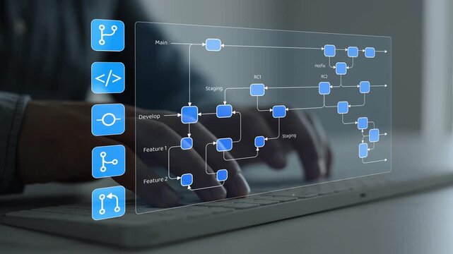 Software development workflow with version control, coding branches, staging, testing and deployment processes displayed on a modern digital interface for technology and business projects.