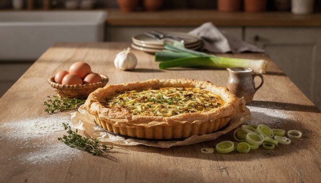 Rustic savory tart on farm table with fresh ingredients