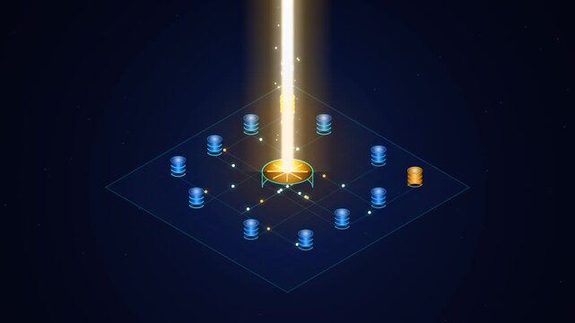 Futuristic Data Processing Animation with Golden Laser Beam Emitting From A Glowing Digital Core