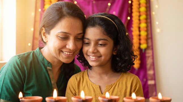 Tender mother and daughter sharing quiet moment behind row of lit clay lamps during Diwali evening