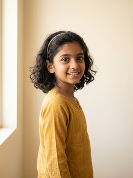 Curious Indian girl in mustard kurta standing sideways by window in soft natural daylight portrait