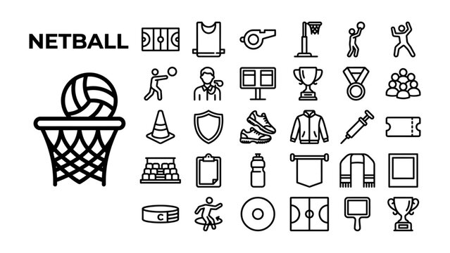 Netball Sport Icons Collection: A comprehensive set of black and white outline icons representing various elements of the sport of netball, including a netball hoop, court, ball, players, umpire.