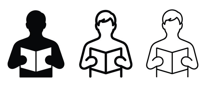 Set of man holding open book icons featuring solid and outline design styles for educational design projects