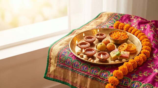Brass plate holding lit clay lamps and Indian sweets on embroidered magenta silk with marigolds