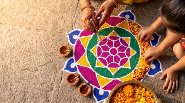 Overhead view of hands creating colorful rangoli with marigold petals and clay lamps on stone floor