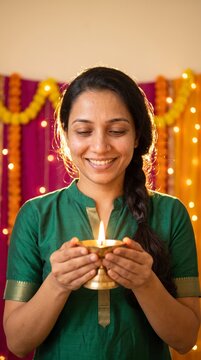 Contemplative Indian woman smiling down at lit brass lamp held in both hands against garlands
