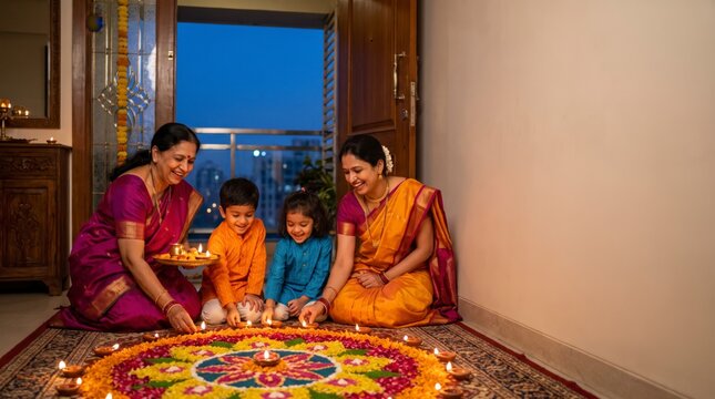 Multigenerational family in silk saris lighting clay lamps around flower rangoli in living room