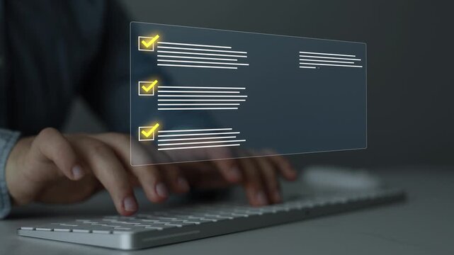 Business workflow concept focused on organization, productivity, project tracking and operational success.Digital task management interface with completed checklist items and verification marks. 