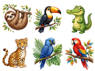 Obraz premium Set of tropical animals performing jungle scene with copy space on transparent background