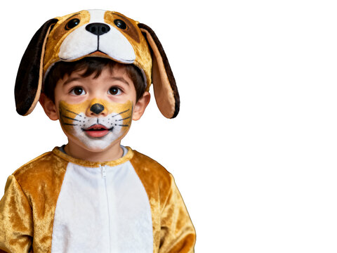 Cute child in fluffy brown puppy costume with painted face and curious eyes, ideal for Halloween.