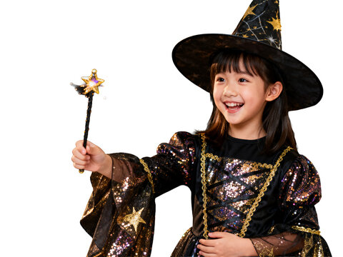 Beaming young witch, dressed in a glittering black and gold sequined costume and hat, happily holding a magical sparking star wand, ideal for festive
