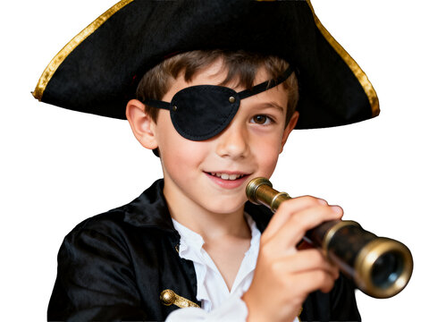 Joyful young pirate in classic black tricorn hat with gold trim, eye patch, holding vintage brass spyglass on a deep black background