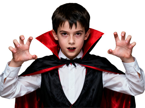 Piercing red-eyed vampire child, dramatically draped in black and crimson satin cape, hands menacingly posed for a spooky Halloween thrill