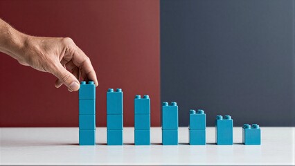 Obraz premium Hand places blue blocks, forming a growing bar graph against red and gray background.