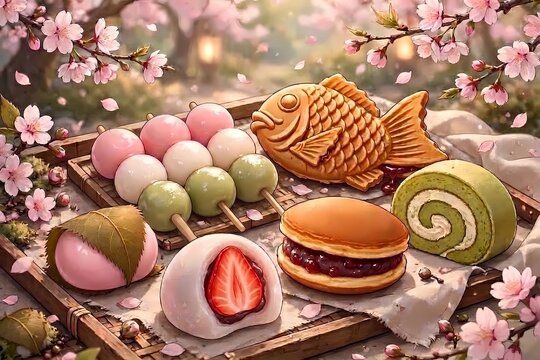 Colorful assortment of traditional Japanese sweets wagashi including dango taiyaki and mochi under cherry blossoms