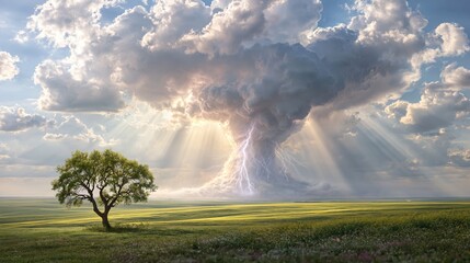 Obraz premium Lone Green Tree Under Dramatic Storm Clouds with Lightning Strike
