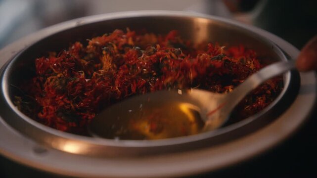 Golden oil is poured over dried marigold petals in a metal bowl, infusing the botanical mixture by candlelight.