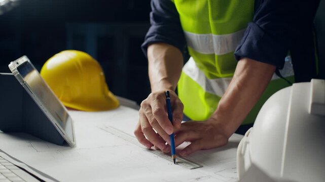 Architect engineer working on blueprint using ruler pencil and digital tablet at office desk.