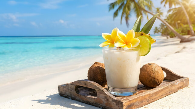 Tropical Coconut Cocktail on Wooden Tray at Beach | Refreshing Pi&ntilde;a Colada Drink on Tropical Beach | Luxury Beach Resort Tropical Drink with Ocean View