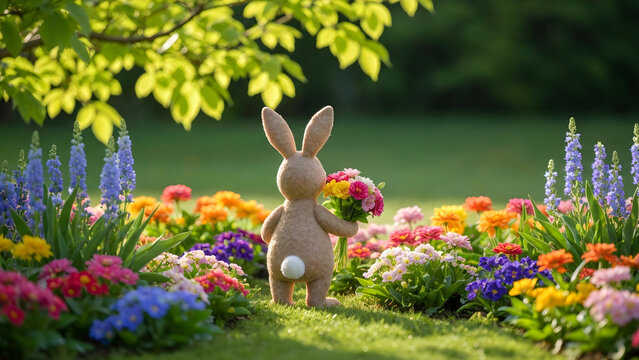 Cute Fluffy Easter Bunny Holding A Vibrant Bouquet Of Spring Flowers In A Sunny Magical Garden Setting