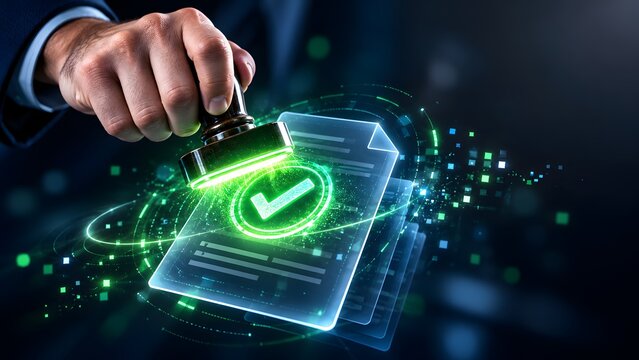 Electronic signature and smart contract validation showing businessman hand applying glowing green digital approval stamp on virtual compliance document.
