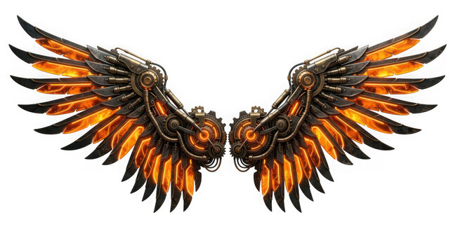 Steampunk mechanical wings with glowing orange energy elements isolated on transparent background
