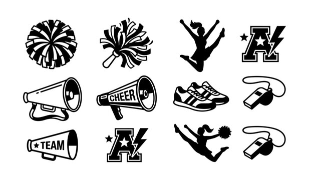 Cheerleading equipment and silhouettes on a white background featuring pom poms and megaphones pompons sports
