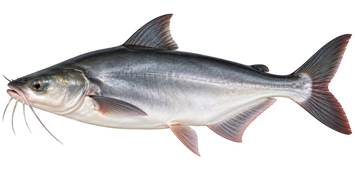 Pangas catfish freshwater fish with smooth silver body dark back and barbels side profile