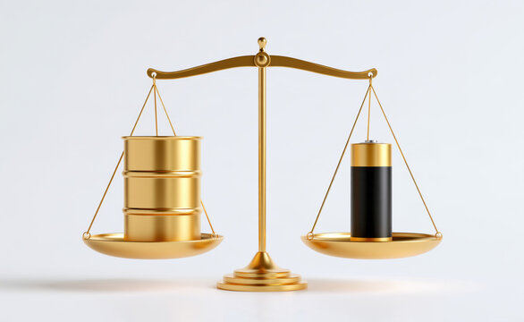 Golden balance scale with oil barrel and electric battery, clean energy cost comparison concept