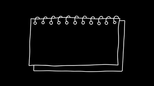 Hand-drawn style notebook animation, binder paper sheets in a doodle style, white line sketches forming a square notebook, dark background, 4K video.