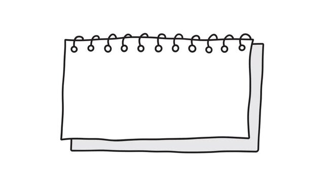 Hand-drawn style notebook and clipboard icon animation, cartoon comic doodle style, rectangular binder notebook frame sketch, transparent background, 4K video.