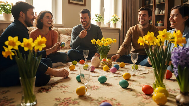 Friends and Family Celebrating Easter Together with Colorful Decorated Eggs and Fresh Spring Flowers at Home