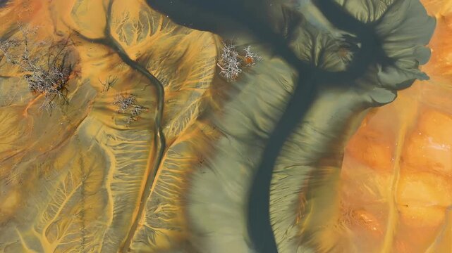 Aerial view of AMD acid mine drainage polluted waters. Natural pattern. Environmental pollution