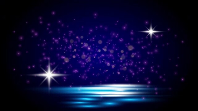 Magical purple glowing particles and sparkling stars floating above blue light reflections on a dark background.