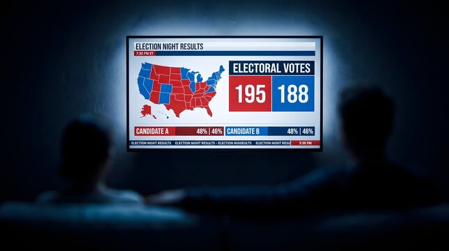 People watch television at home to see the latest electoral vote results displayed on a digital news broadcast map.