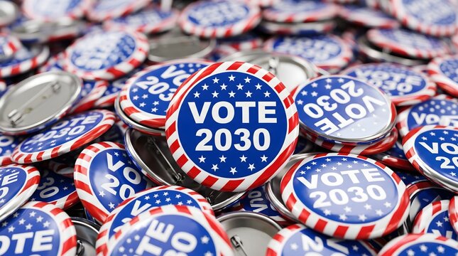 Buttons featuring patriotic stars and stripes designs are piled together to promote the upcoming election cycle.