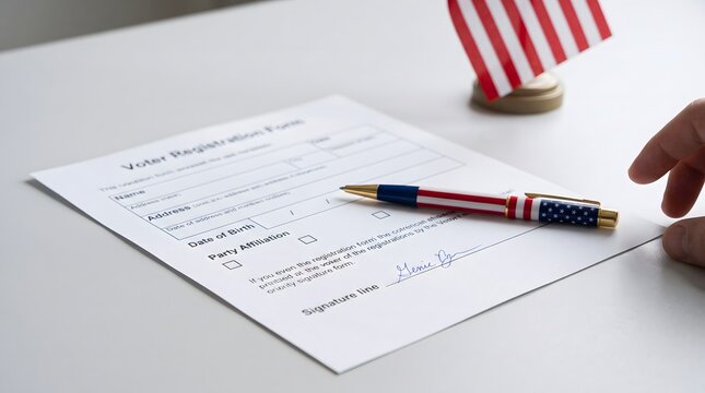 Voter registration form sits on a desk with a patriotic pen and a small American flag waiting for a signature.