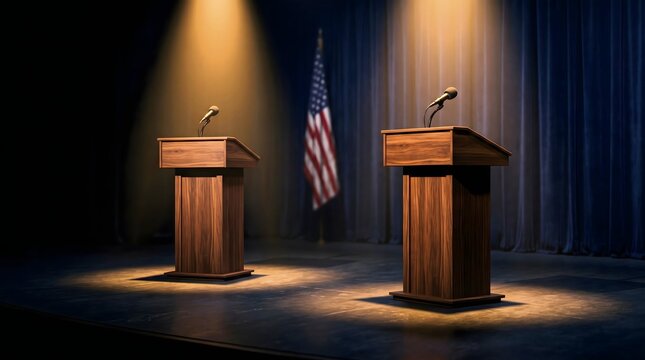 Debate stage features two wooden lecterns under warm spotlights with a hanging national flag in the dark background.