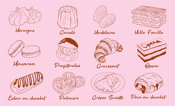 Hand drawn traditional French pastry vector set including croissant, macaron, &eacute;clair, meringue, canele, madeleine, mille feuille, opera, palmiers, crepes suzette. ink sketch in doodle style. 